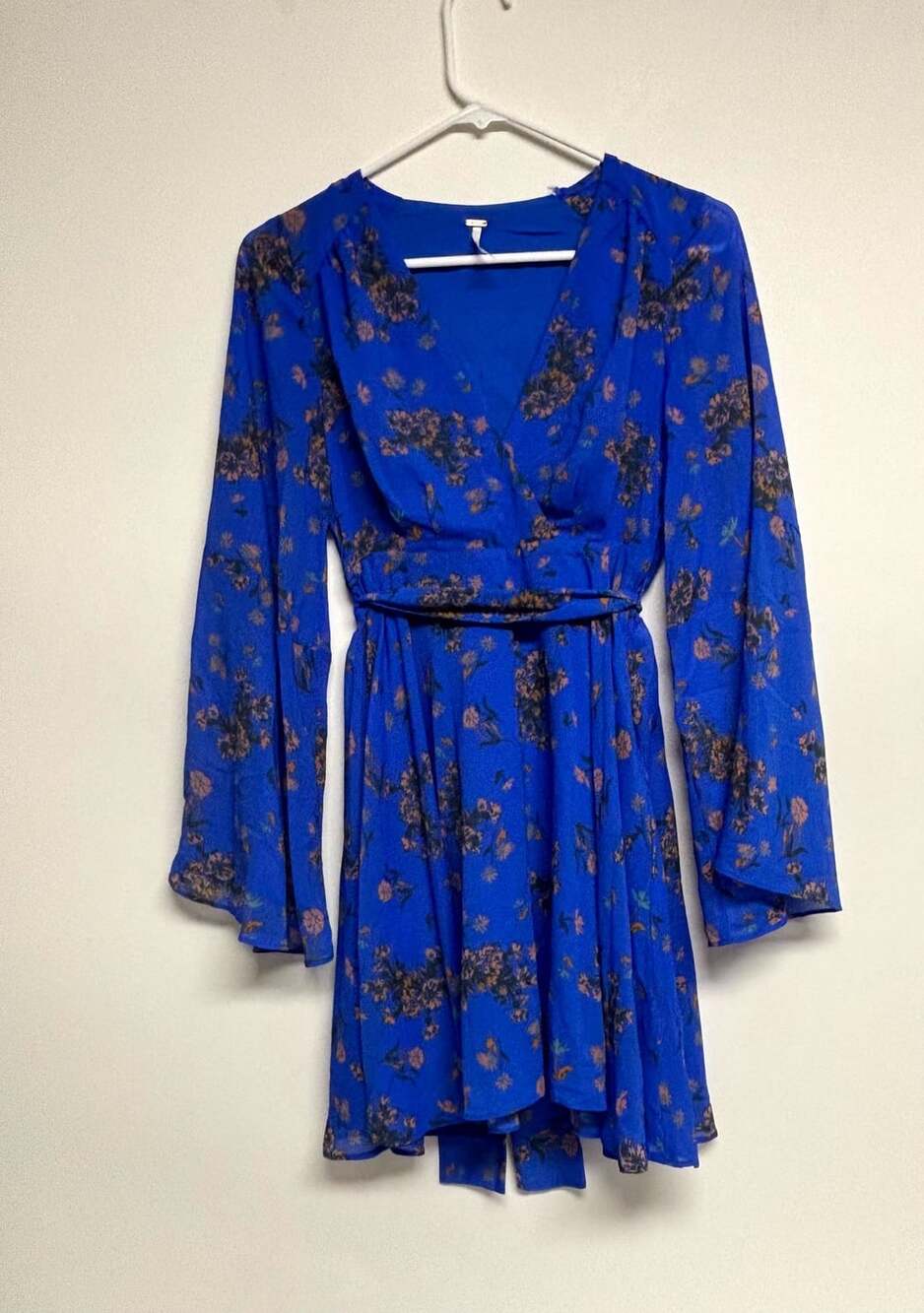 Free People Lilou Printed Dress Size XS Blue Floral Bell Sleeve V-Neck